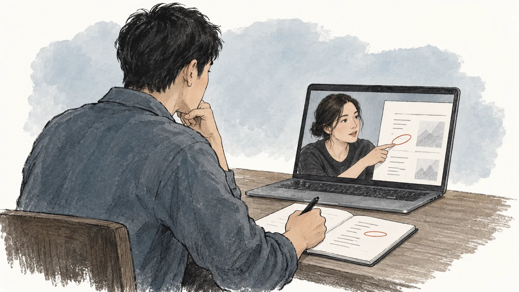 开发者在视频交流中停笔倾听，对方指出报告上的一处问题，笔记本中留下对应标记。