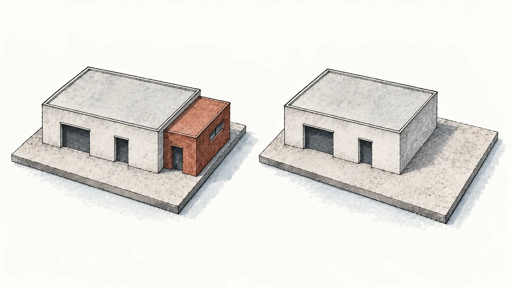 两座建筑模型作对照：左边多了一间红色附屋，右边仍只有原来的建筑，比喻旧副本缺少后来新增的工作。